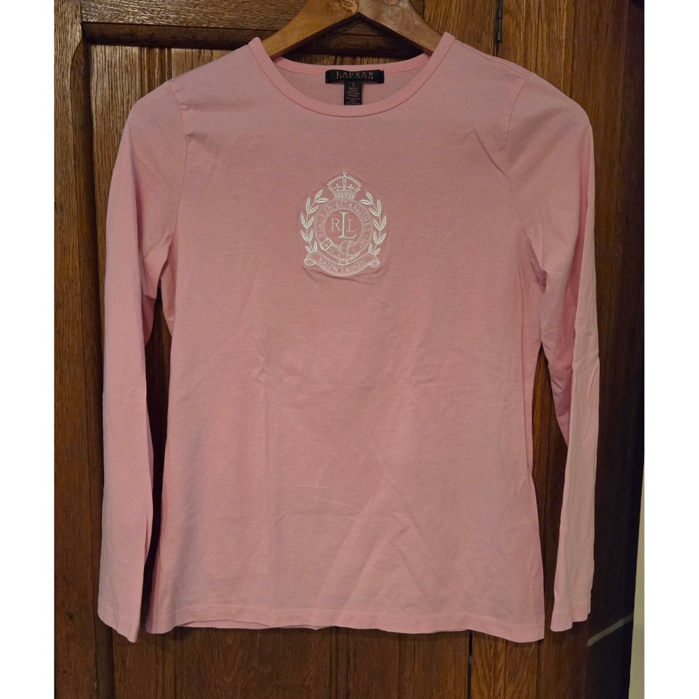 Lauren Ralph Lauren Womens Pink Embroidered Crest Long Sleeve Cotton Tee Small
